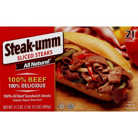 Steak-umm company - The Steak-Umm Company, LLC Main info: Steak-Umm, 100% All Beef Sandwich Sliced Steaks The Steak-Umm Company, LLC 1 serving 99.8 Calories 0 g 9.0 g 5.0 g 0 g 0 mg 3.5 g 19.8 mg 0 g 0 g
